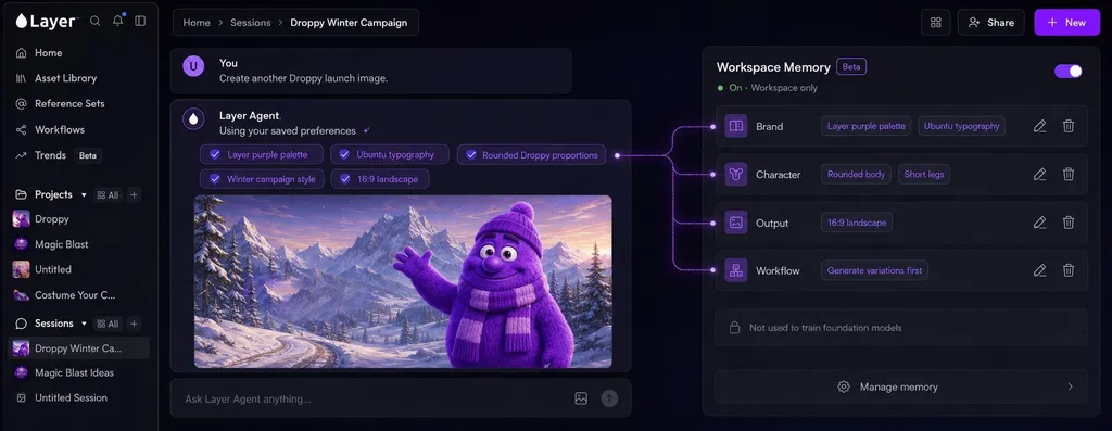 Layer agent applying workspace memory preferences to a Droppy winter campaign image