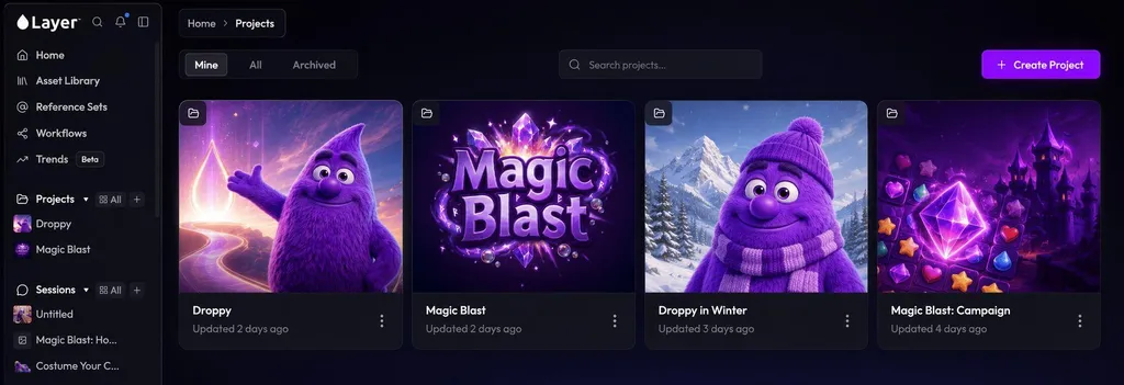 Layer Projects gallery showing Droppy, Magic Blast, and campaign projects