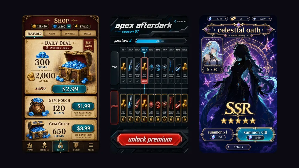 Shop and Season Pass Mockups That Look Like the Shipped Screen