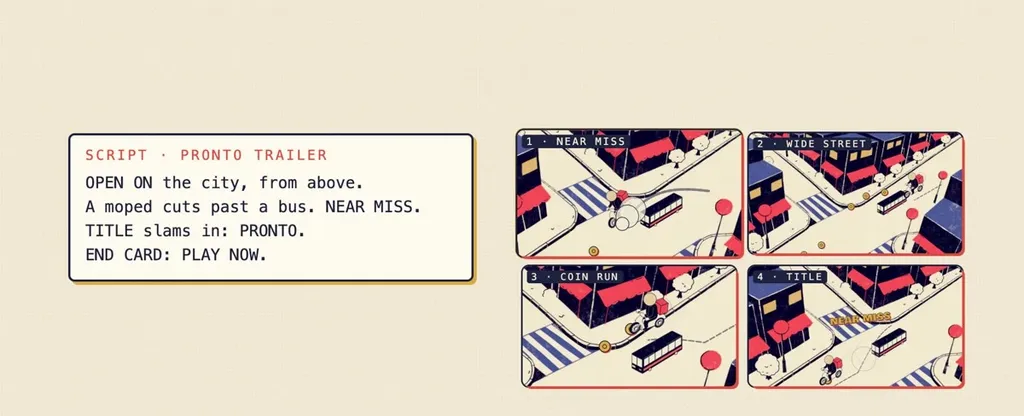 A trailer script card beside four storyboard shots