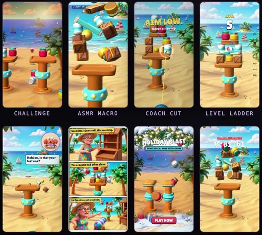 Eight vertical ads from one gameplay recording, each a different concept