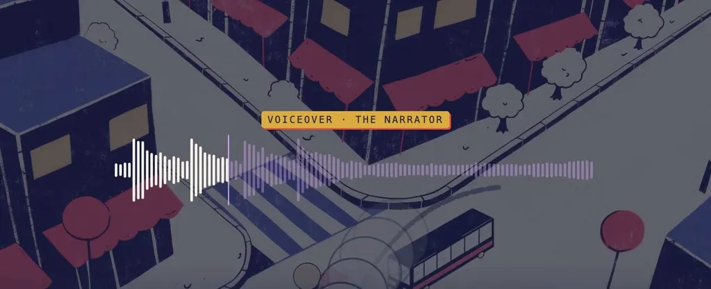 A voiceover waveform laid over the city scene
