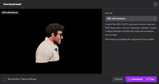 Download Asset modal with Format set to OBJ with textures and a character bust preview